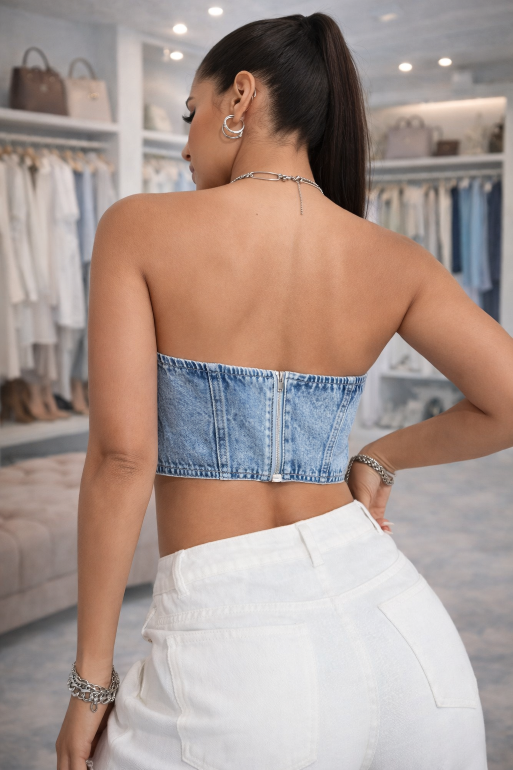 Denim Charm Strapless Top
